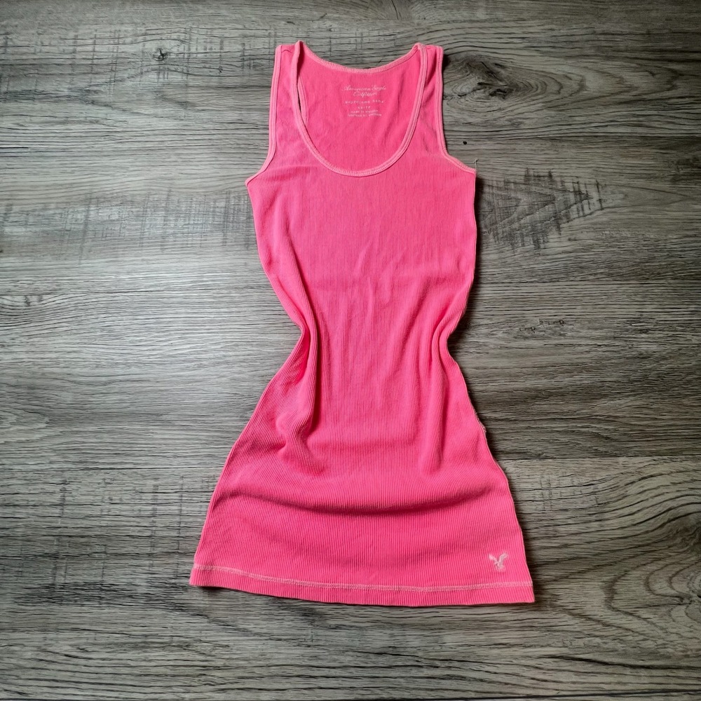 American Eagle Tank Top Women XS Pink Ribbed Boyfriend Racerback Neon Basic Logo